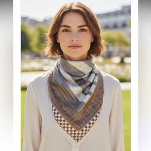 SOLD Vintage Fendi Silk Cotton Multi Print FF Zucca Pequin Scarf Silver Metallic